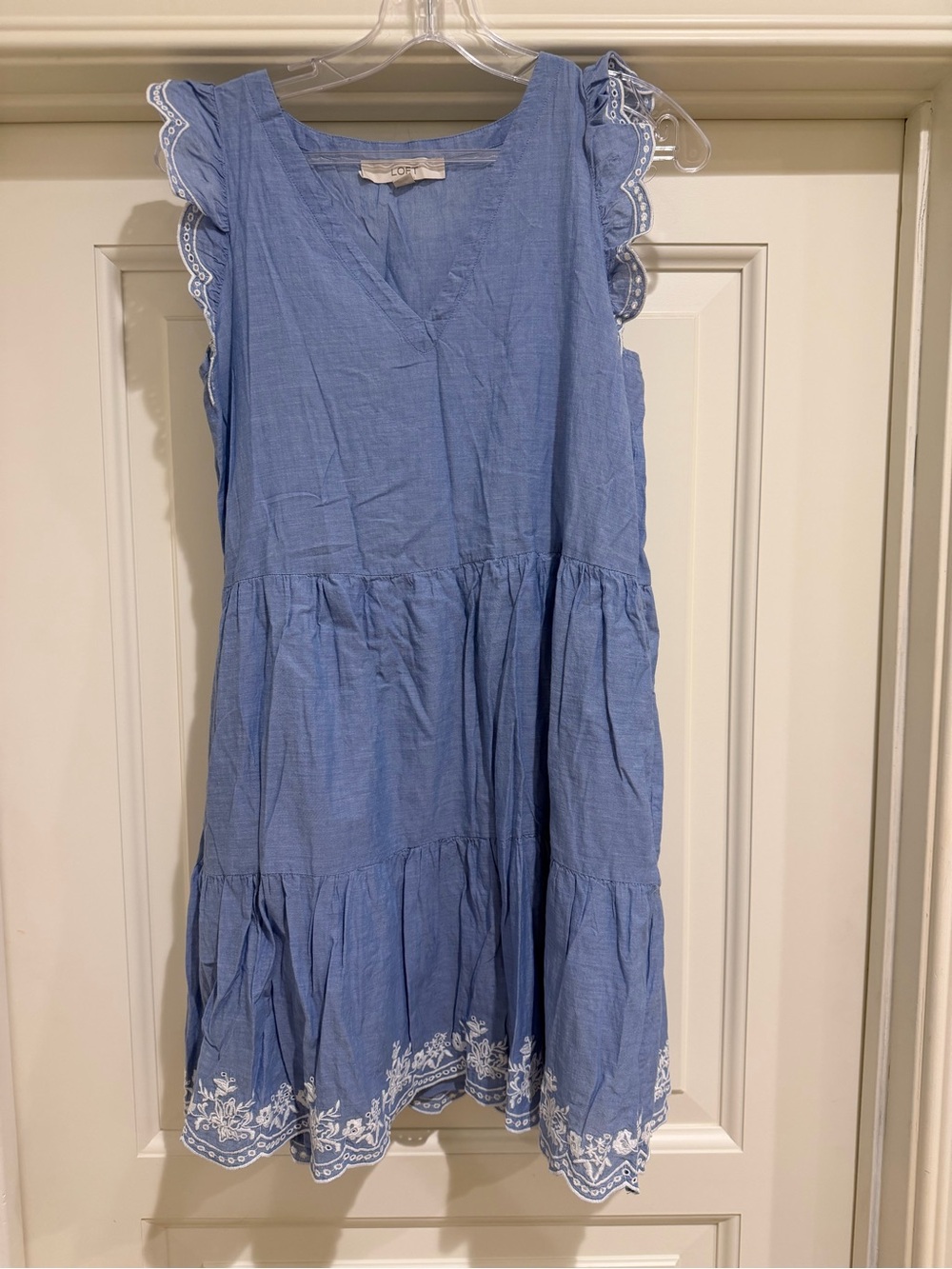 LOFT Blue Chambray Embroidered Tiered Flutter Sleeve Dress XS